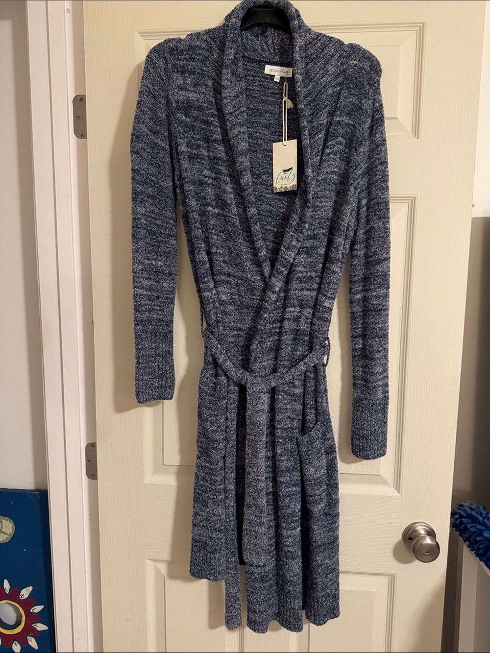 Grace & Lace Marled Navy Blue Wrap Cardigan with Belt